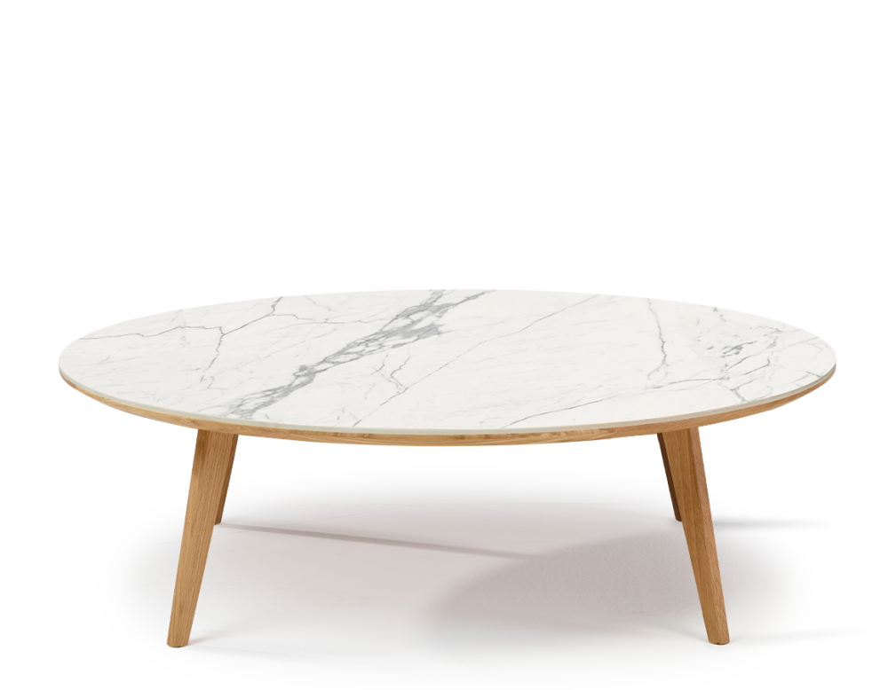 Table basse ronde F1 en chêne et céramique bois teinte naturelle plateau céramique effet marbre blanc 90x90x40 cm