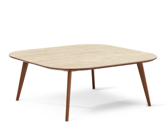 Table basse carré aux angles arrondis F2 en noyer et céramique bois teinte naturelle plateau céramique effet pierre travertin 110x110x30 cm