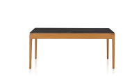 Table extensible en chêne et céramique allonges bois avec bois teinte merisier et plateau céramique effet ardoise 140x90 cm