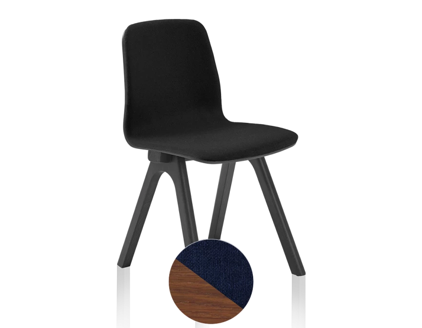 Chaise design en chêne tapissé bois teinte noyer assise tissu bleu marine