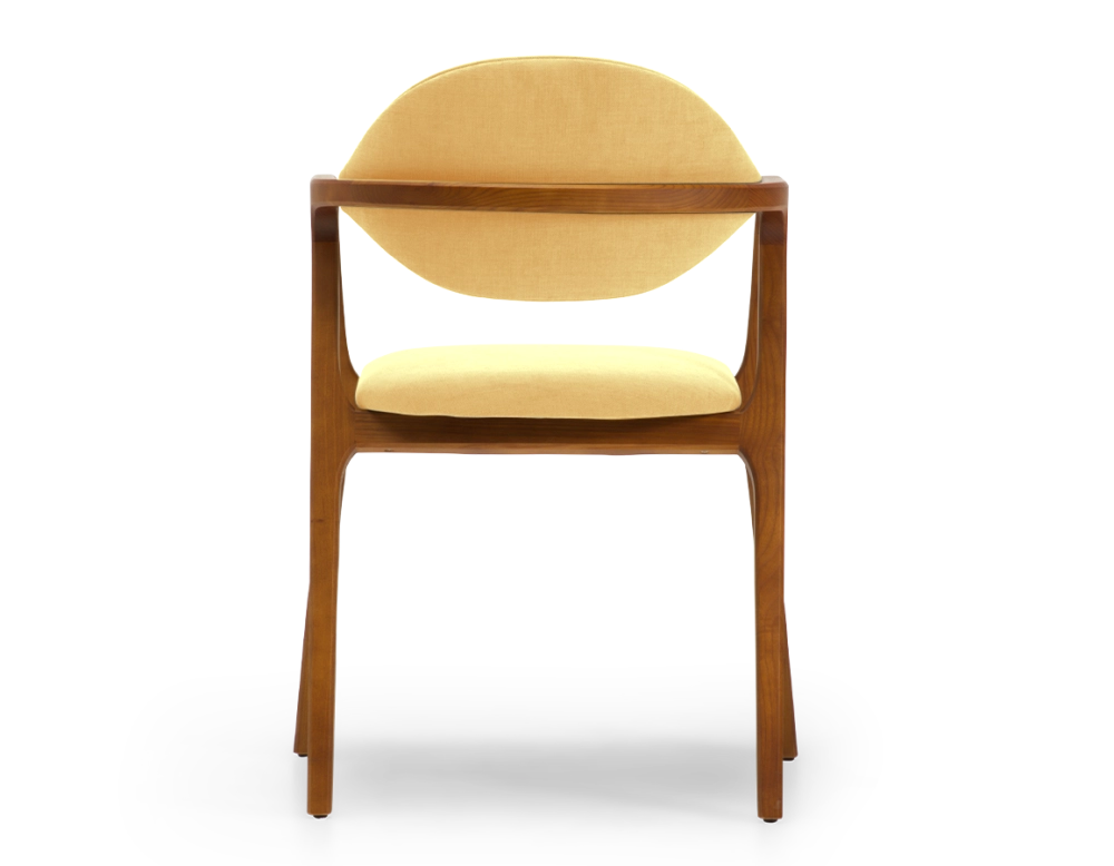 Chaise design avec accoudoirs bois teinte merisier et tissu jaune Chaise design avec accoudoirs bois teinte merisier et tissu jaune
