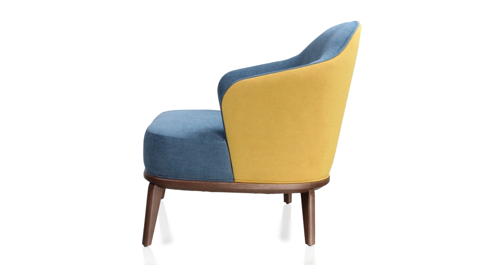 Fauteuil design tissu jaune et bleu jean