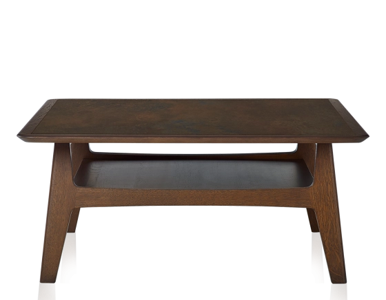 Square coffee table in oak and ceramic with dark brown stained wood, oxidised brown ceramic top 100x100 cm