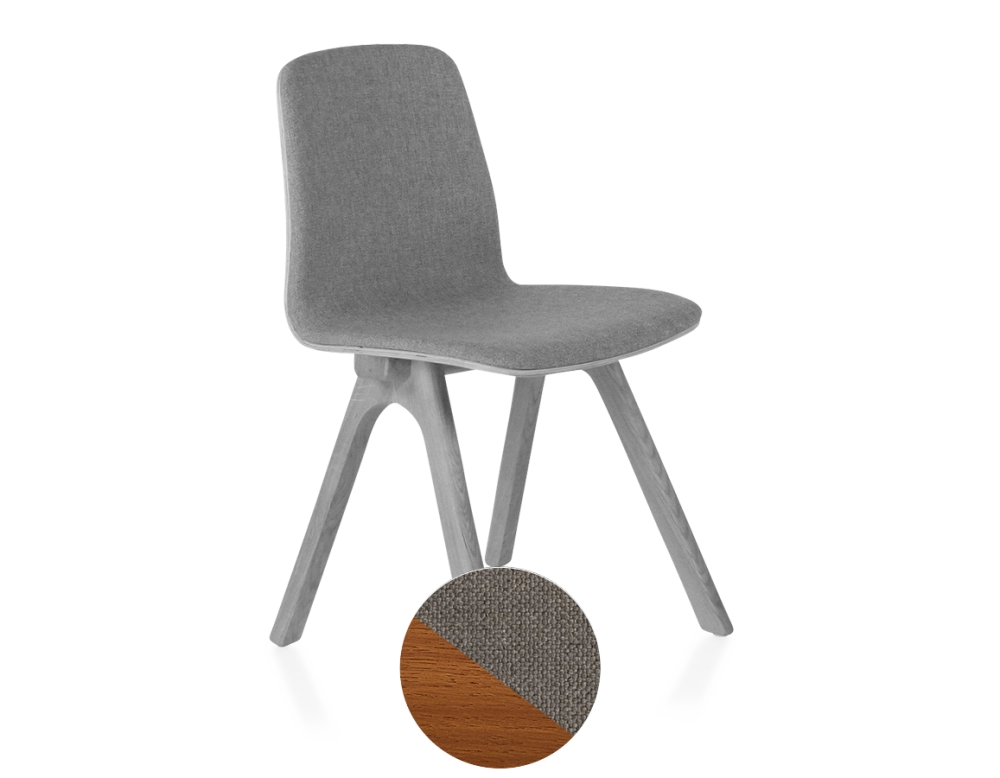 Chaise design en chêne tapissé bois teinte merisier assise tissu gris clair Chaise design en chêne tapissé bois teinte merisier assise tissu gris clair