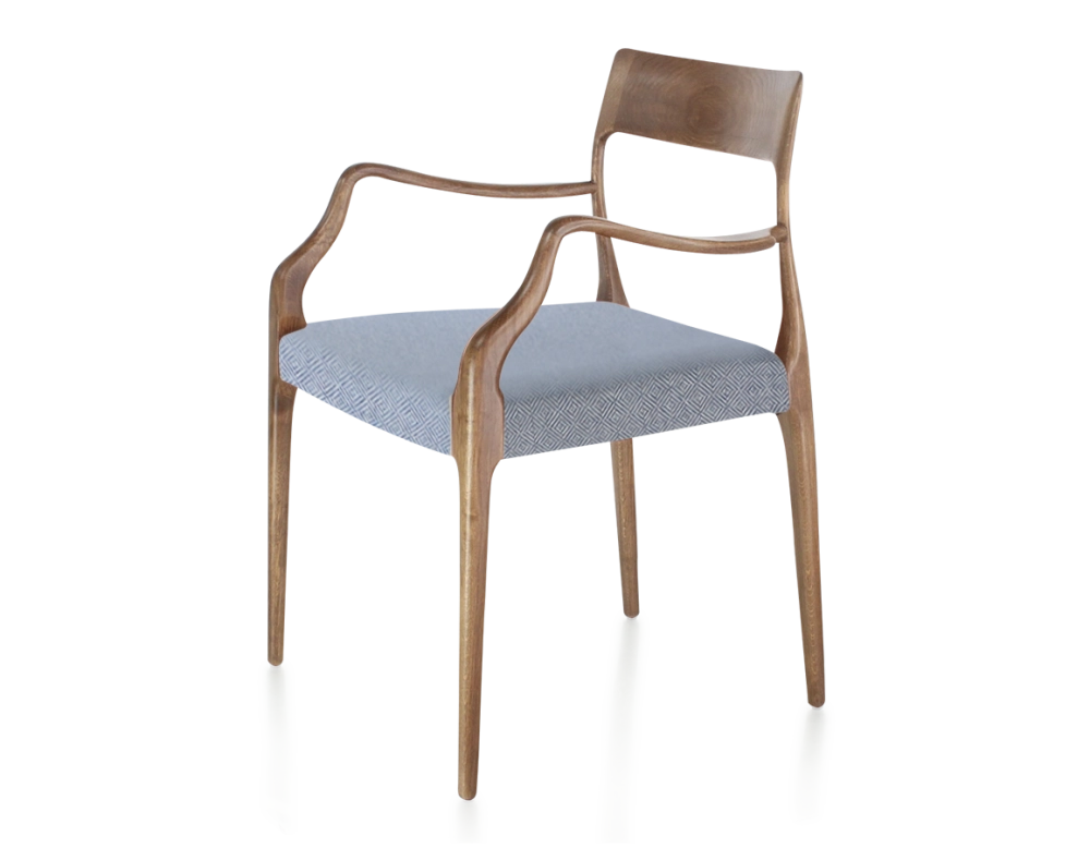 Chaise scandinave avec accoudoirs bois teinte noyer assise tissu chevron bleu Chaise scandinave avec accoudoirs bois teinte noyer assise tissu chevron bleu