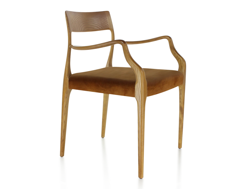 Chaise scandinave avec accoudoirs bois teinte merisier assise tissu velours bronze Chaise scandinave avec accoudoirs bois teinte merisier assise tissu velours bronze