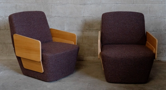 Set of 2 designer armchairs with armrests natural oak seat with mauve and grey tweed fabric.