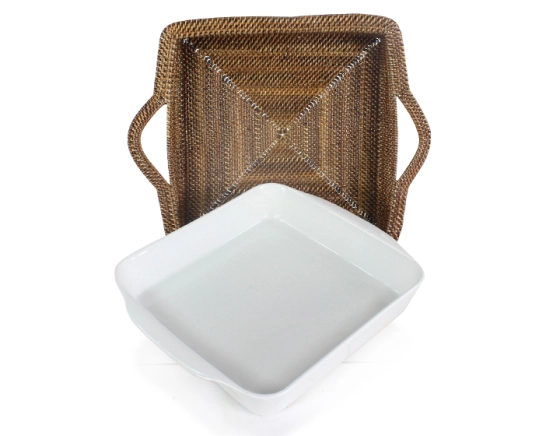Plat porcelaine carré avec support en fleur de rotin grand modèle