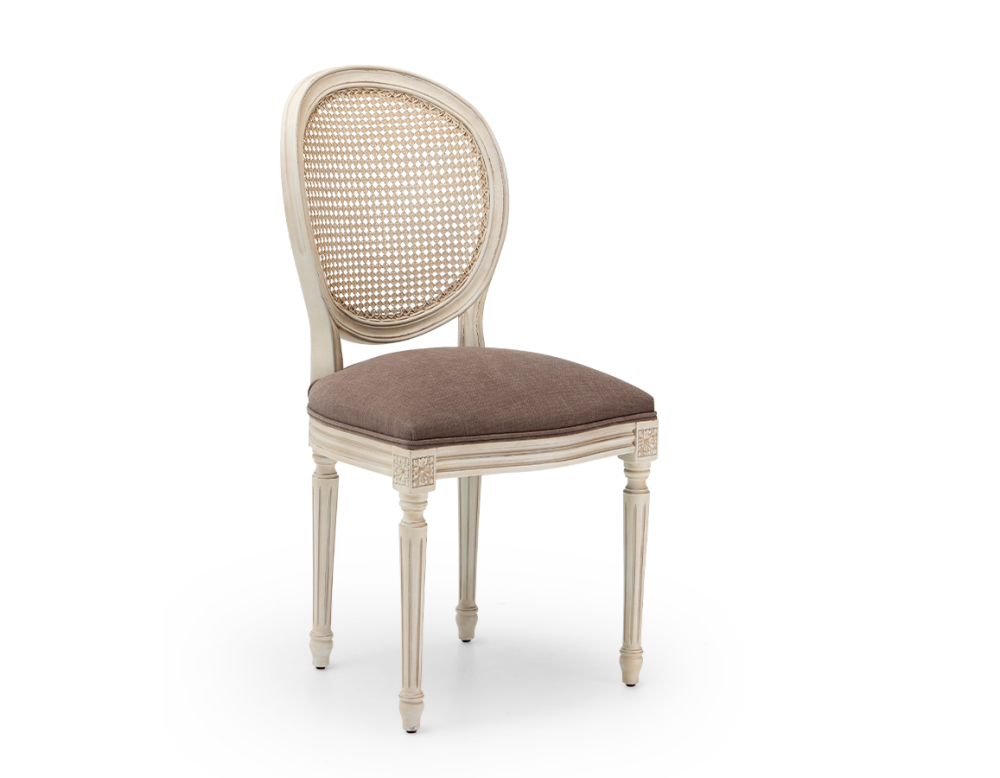 Louis XVI style antique chair white cerused wood with cane backrest and taupe fabric seat. Louis XVI style antique chair white cerused wood with cane backrest and taupe fabric seat.