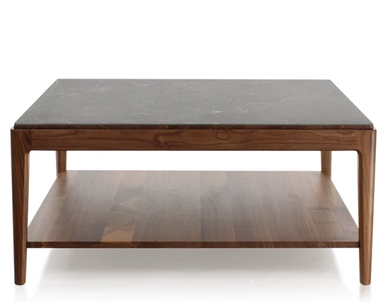 Table basse carrée en noyer et céramique avec tablette en bois teinte naturelle plateau céramique effet ardoise 100x100 cm