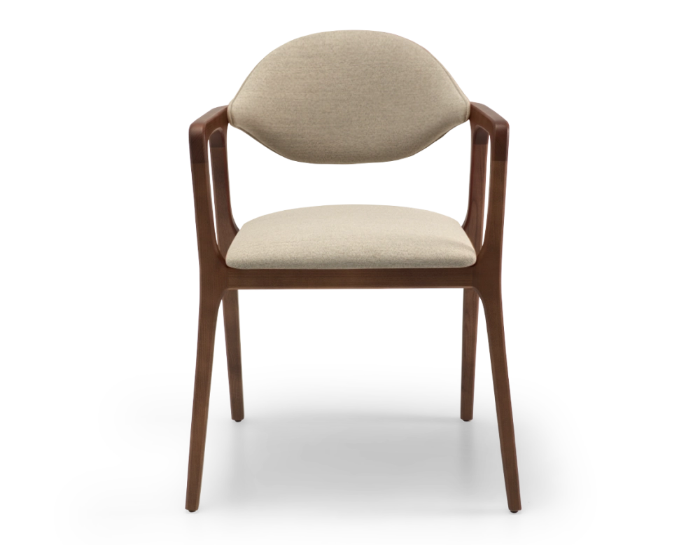 Designer armchair dark brown stained wood and taupe fabric. Designer armchair dark brown stained wood and taupe fabric.