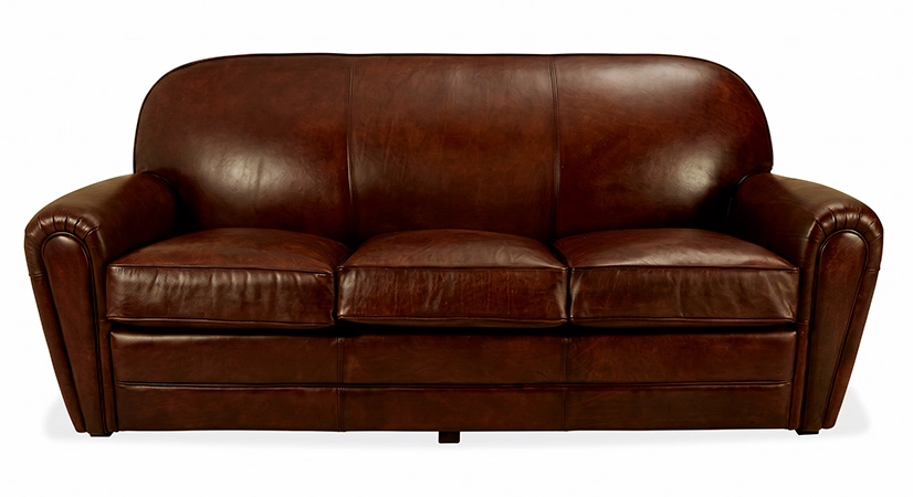 3 seater leather club sofa dark brown piped armrests