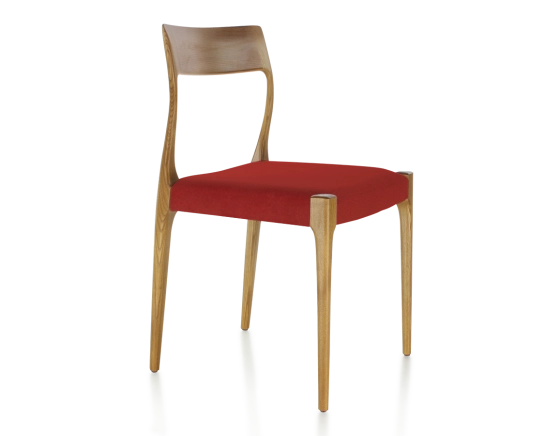 Scandinavian chair cherry stained wood burgundy fabric seat