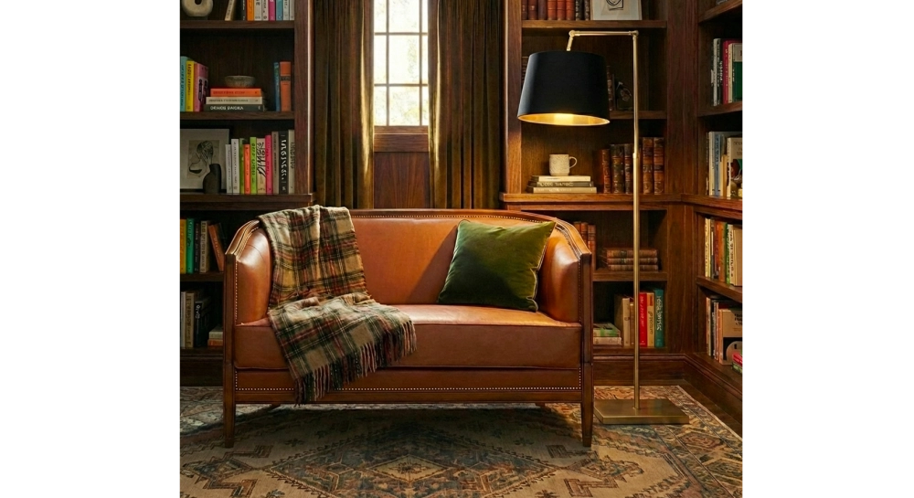 Canapé ancien 2 places accoudoirs moulurés bois teinte ancienne et cuir châtain