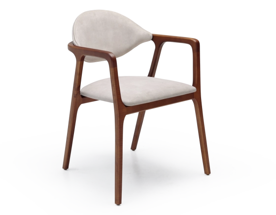 Designer armchair cherry wood stain and sand velvet fabric.