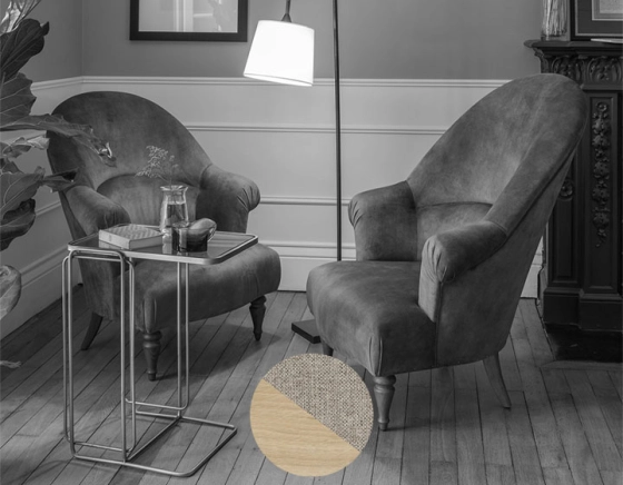 Fauteuil crapaud avec accoudoirs pieds bois teinte naturelle et tissu beige naturel moyen dossier