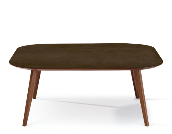 Table basse carré aux angles arrondis F2 en noyer et céramique bois teinte naturelle plateau céramique brun oxydé 120x120x30 cm