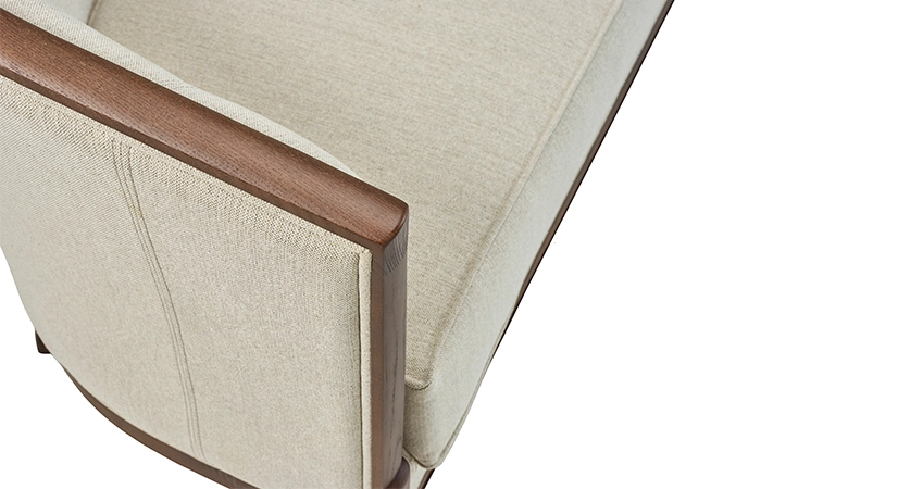 Canapé ancien 3 places bois teinte noyer et tissu beige naturel Canapé ancien 3 places bois teinte noyer et tissu beige naturel