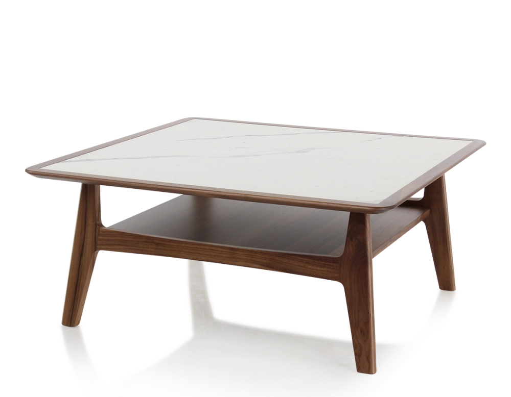 Table basse carré en noyer et céramique bois teinte naturelle plateau céramique effet marbre blanc 100x100 cm Table basse carré en noyer et céramique bois teinte naturelle plateau céramique effet marbre blanc 100x100 cm