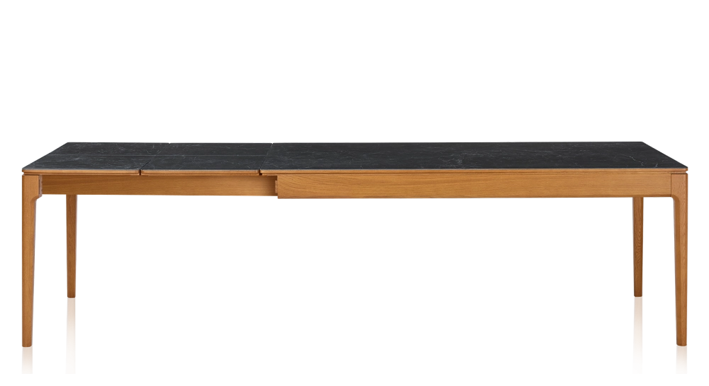 Table extensible 8 à 14 personnes en chêne et céramique allonges céramique avec bois teinte merisier et plateau et allonges céramique effet ardoise 210x100 cm