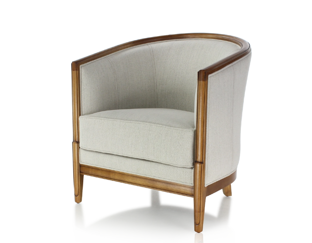 Fauteuil ancien accoudoirs moulurés bois teinte ancienne et tissu beige naturel