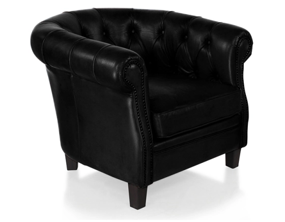 Fauteuil chesterfield cuir noir accoudoirs cloutés