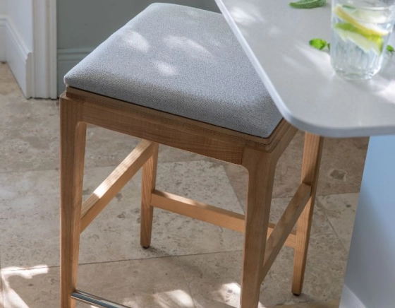 H60 cm designer bar stool natural stained wood seat natural beige fabric