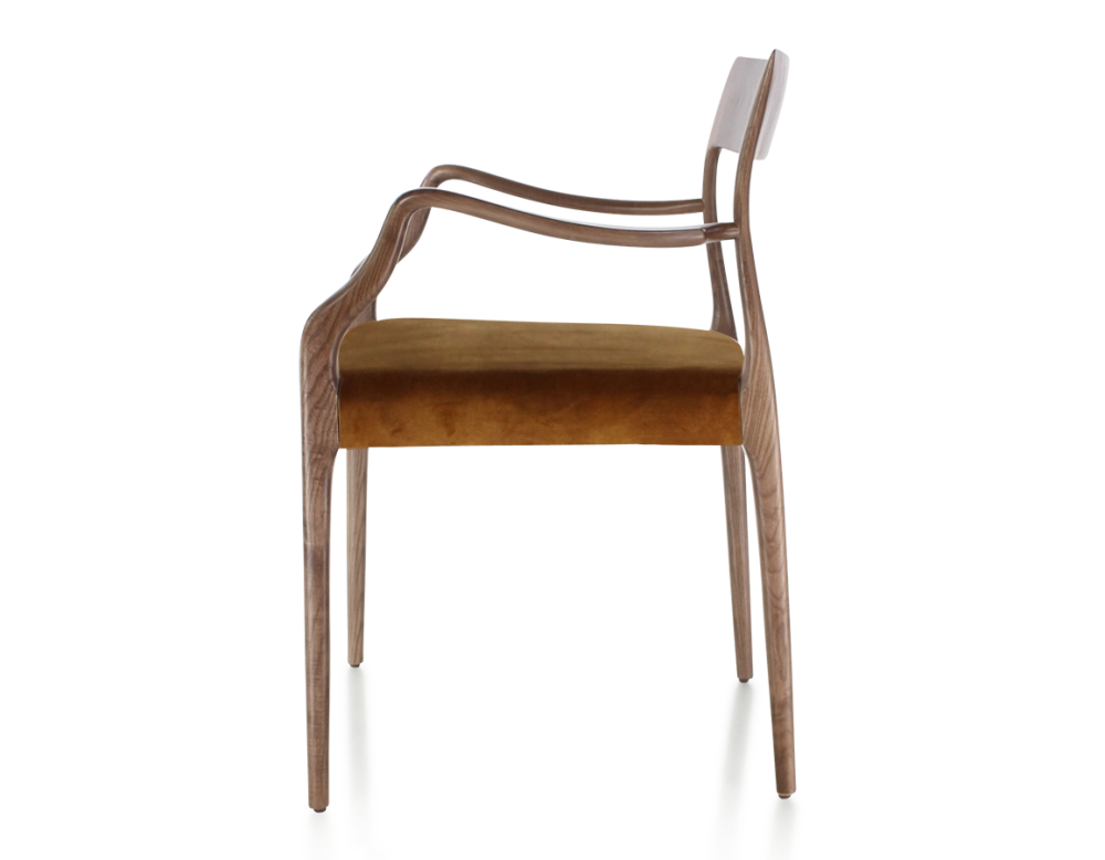 Chaise scandinave avec accoudoirs bois teinte marron foncé assise tissu velours bronze Chaise scandinave avec accoudoirs bois teinte marron foncé assise tissu velours bronze