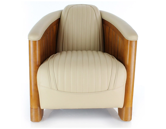 Fauteuil club bois et cuir beige