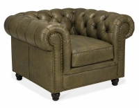 Fauteuil chesterfield cuir vert olive accoudoirs cloutés