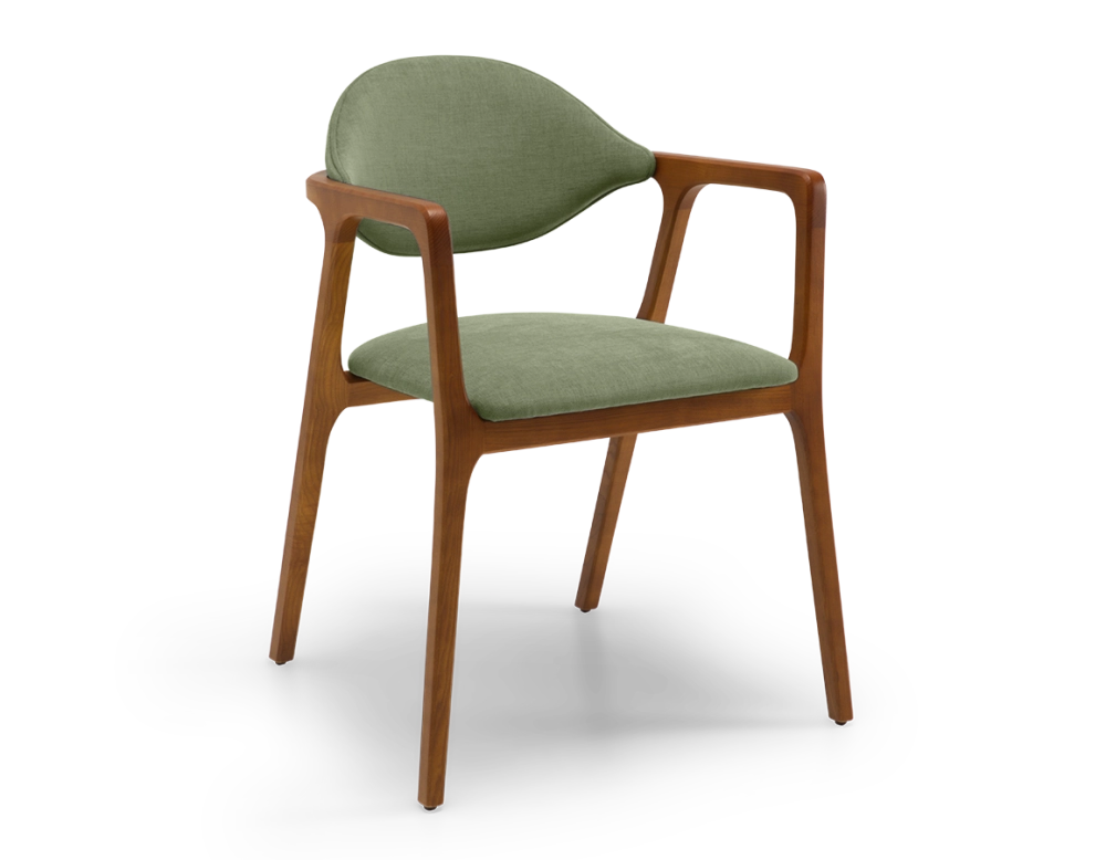 Designer armchair cherry wood stain and green fabric Designer armchair cherry wood stain and green fabric