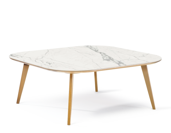 Table basse carré aux angles arrondis F2 en chêne et céramique bois teinte naturelle plateau céramique effet marbre blanc 110x110x40 cm