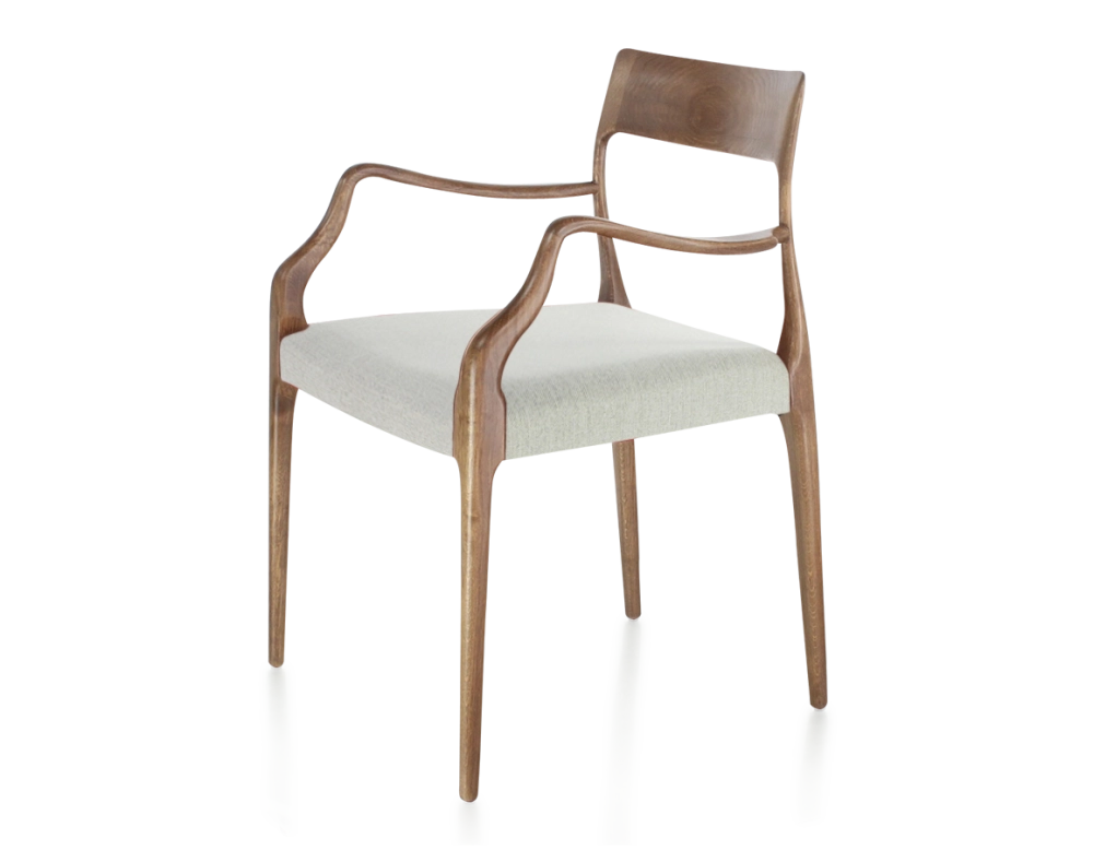 Scandinavian armchair with armrests wood stained walnut seat natural beige fabric Scandinavian armchair with armrests wood stained walnut seat natural beige fabric