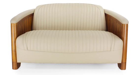 2 seater wooden and leather club sofa beige