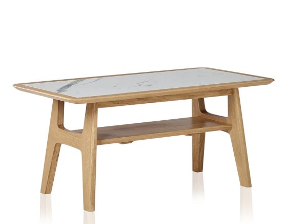 Table basse rectangulaire en chêne naturel dessus céramique effet marbre blanc 100x50 cm