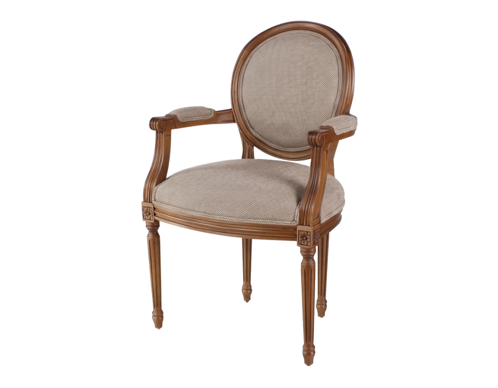 Sillón antiguo estilo Luis XVI bois teinte ancienne et tissu chiné beige, gris et orange