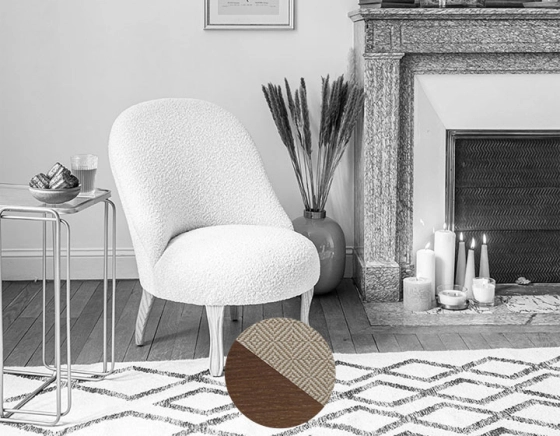 Armless toad chair walnut-stained wooden legs and beige chevron fabric