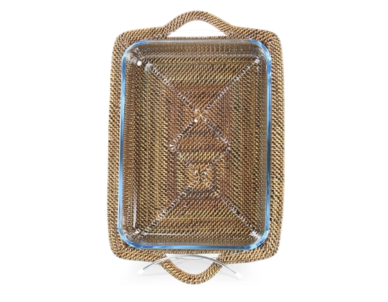 Rectangular pyrex dish with rattan flower stand