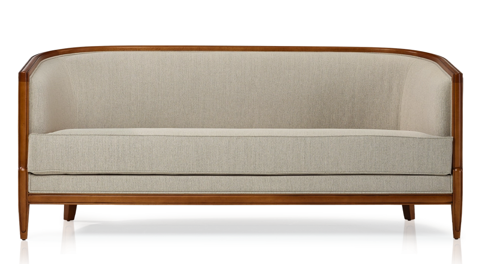 Sofá antiguo de 3 plazas con reposabrazos moldurados bois teinte ancienne et tissu beige naturel