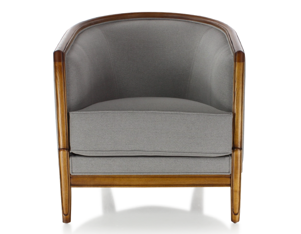 Antique armchair with moulded armrests wood stained in an antique style and light grey fabric