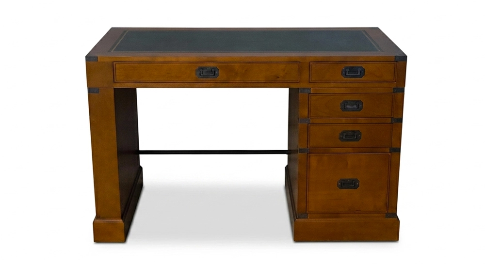 Navy desk in wood and leather bois teinte merisier et cuir vert