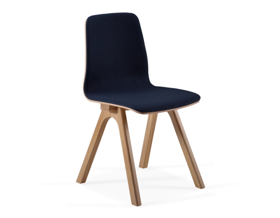 Upholstered oak designer chair natural tint wood, navy blue fabric seat