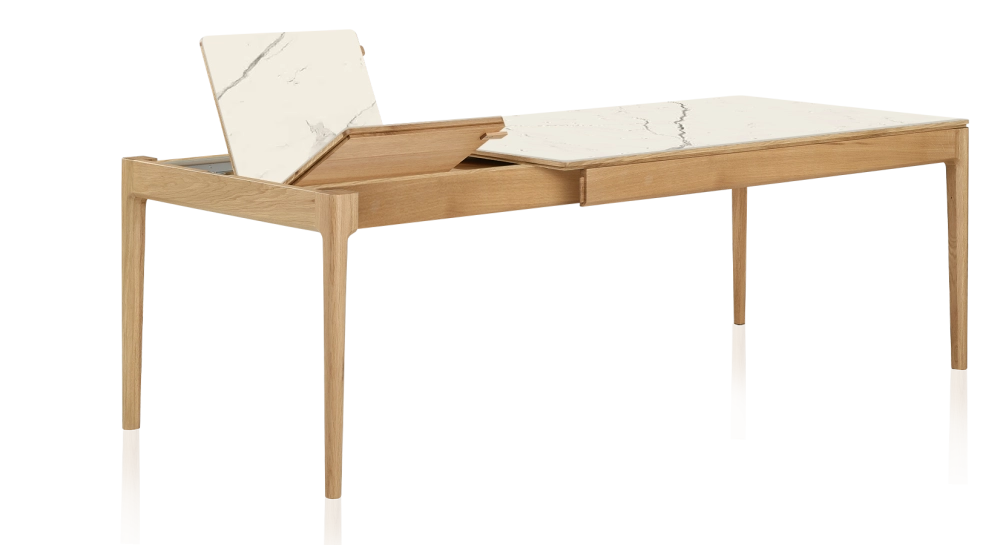 Extendable table for 8 to 12 people in oak and ceramic with ceramic extensions with natural stained wood and white marble effect ceramic top and extensions 180x100 cm
