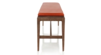 Banc design bois teinte noyer assise cuir coquelicot L140 cm Banc design bois teinte noyer assise cuir coquelicot L140 cm