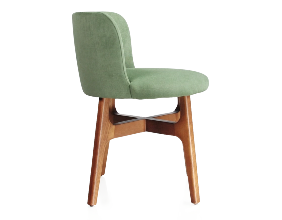 Chaise design bois teinte merisier assise tissu vert