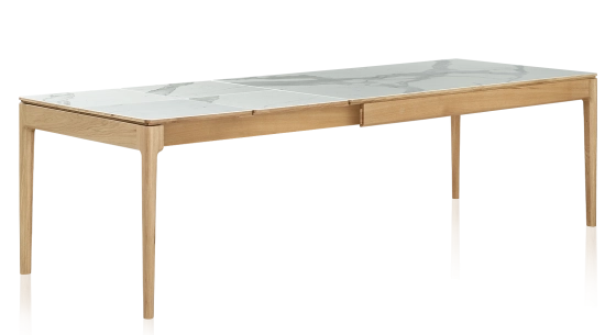 Table extensible 8 à 12 personnes en chêne et céramique allonges céramique avec bois teinte naturelle et plateau et allonges céramique effet marbre blanc 160x100 cm