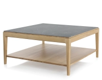 Table basse carrée en chêne et céramique avec tablette en bois teinte naturelle plateau céramique effet ardoise 100x100 cm Table basse carrée en chêne et céramique avec tablette en bois teinte naturelle plateau céramique effet ardoise 100x100 cm
