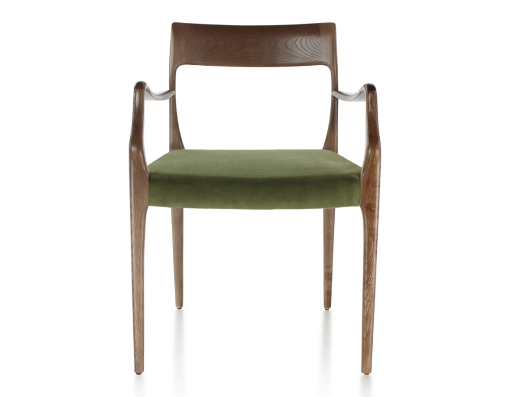 Chaise scandinave avec accoudoirs bois teinte marron foncé assise tissu vert olive Chaise scandinave avec accoudoirs bois teinte marron foncé assise tissu vert olive