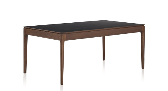 Dining table for 6 people in oak and ceramic with dark brown stained wood and plain black ceramic top 160x90 cm