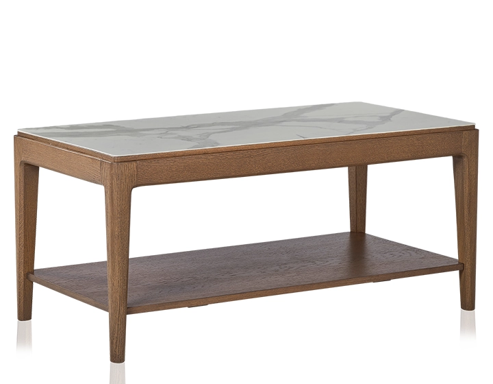 Rectangular coffee table in oak and ceramic with shelf in walnut-stained wood, white marble-effect ceramic top 100x50 cm Rectangular coffee table in oak and ceramic with shelf in walnut-stained wood, white marble-effect ceramic top 100x50 cm